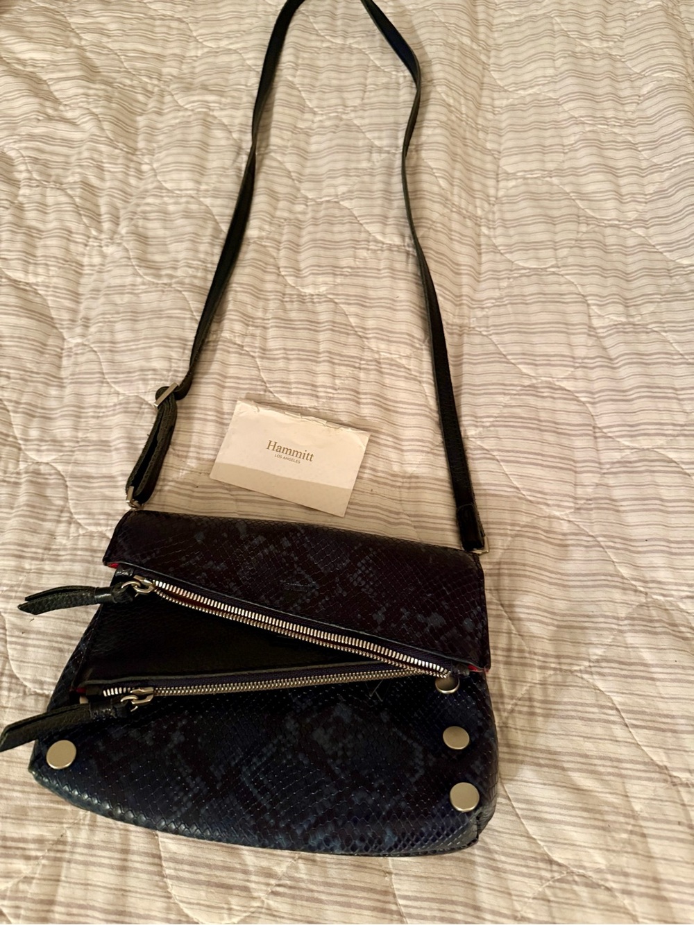 Hammitt Blue Python-Embossed Crossbody with Silver Hardware